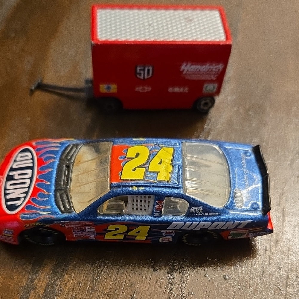 Hendrick Motorsports Blue and Red Toy Race Car with Trailer
